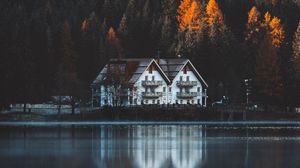 Preview wallpaper house, lake, trees, mountain, nature