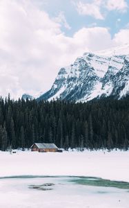 Preview wallpaper house, lake, trees, mountain, snow, winter