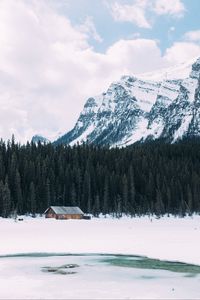 Preview wallpaper house, lake, trees, mountain, snow, winter