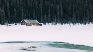 Preview wallpaper house, lake, trees, mountain, snow, winter