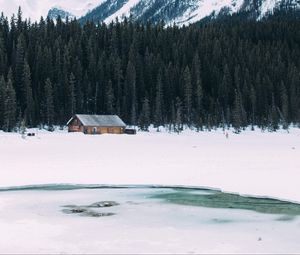 Preview wallpaper house, lake, trees, mountain, snow, winter