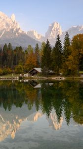 Preview wallpaper house, lake, trees, mountains, reflection, nature