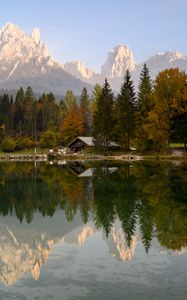 Preview wallpaper house, lake, trees, mountains, reflection, nature