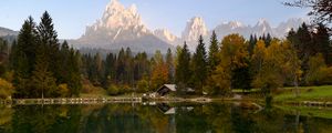 Preview wallpaper house, lake, trees, mountains, reflection, nature