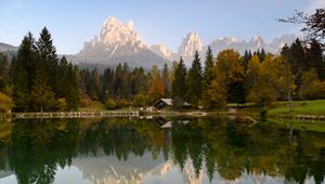 Preview wallpaper house, lake, trees, mountains, reflection, nature