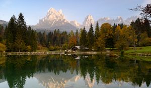 Preview wallpaper house, lake, trees, mountains, reflection, nature