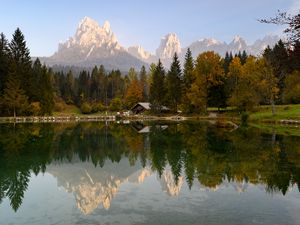 Preview wallpaper house, lake, trees, mountains, reflection, nature