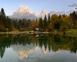 Preview wallpaper house, lake, trees, mountains, reflection, nature
