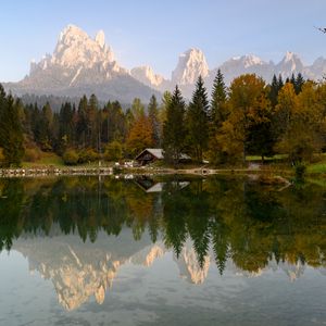 Preview wallpaper house, lake, trees, mountains, reflection, nature