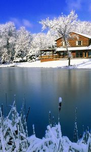 Preview wallpaper house, lake, winter, canes, ice, snow, day