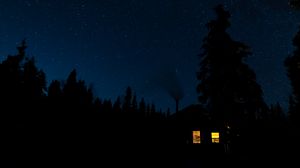 Preview wallpaper house, light, forest, trees, silhouettes, night, dark