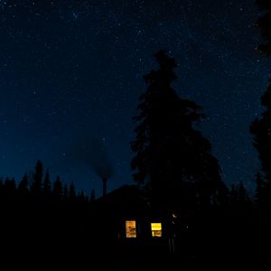 Preview wallpaper house, light, forest, trees, silhouettes, night, dark