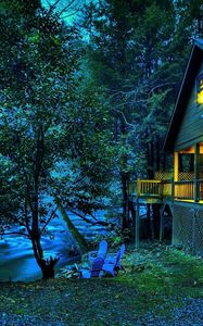 Preview wallpaper house, light, river, current, trees, star, twilight, verandah