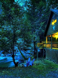 Preview wallpaper house, light, river, current, trees, star, twilight, verandah