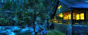 Preview wallpaper house, light, river, current, trees, star, twilight, verandah