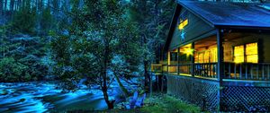 Preview wallpaper house, light, river, current, trees, star, twilight, verandah