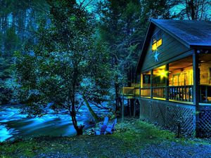 Preview wallpaper house, light, river, current, trees, star, twilight, verandah