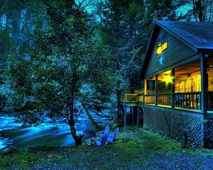 Preview wallpaper house, light, river, current, trees, star, twilight, verandah