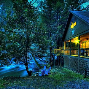 Preview wallpaper house, light, river, current, trees, star, twilight, verandah