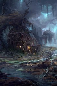 Preview wallpaper house, light, stream, tree, fantasy, art