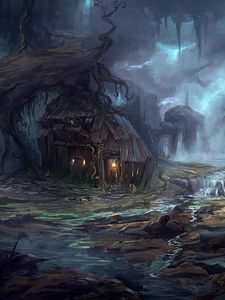 Preview wallpaper house, light, stream, tree, fantasy, art