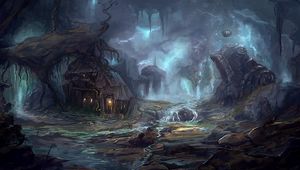 Preview wallpaper house, light, stream, tree, fantasy, art