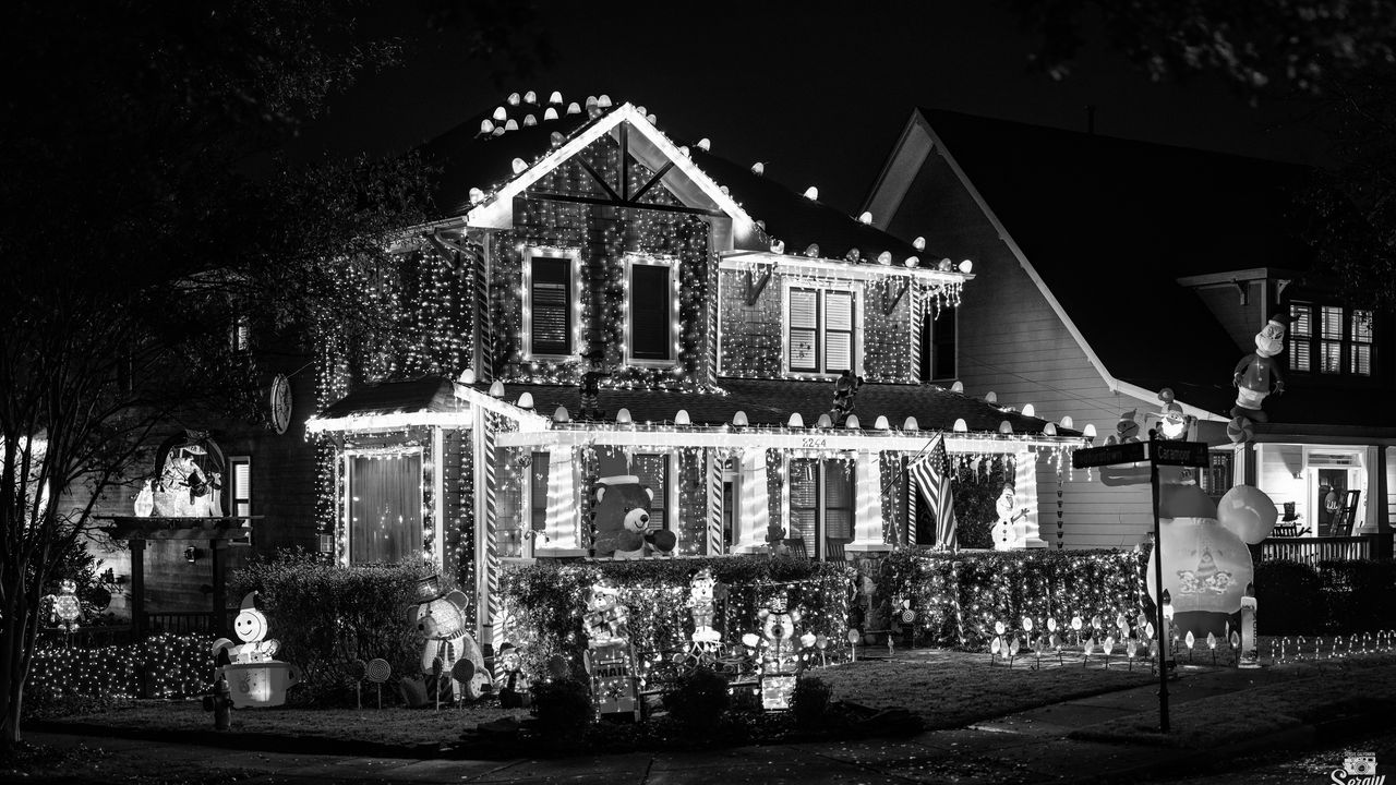 Wallpaper house, lights, garlands, decorations, black and white, new year, christmas
