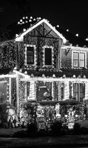 Preview wallpaper house, lights, garlands, decorations, black and white, new year, christmas