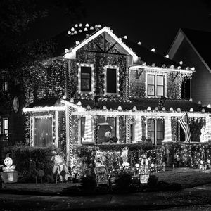 Preview wallpaper house, lights, garlands, decorations, black and white, new year, christmas
