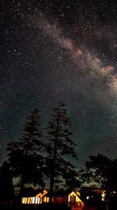 Preview wallpaper house, lights, trees, milky way, night