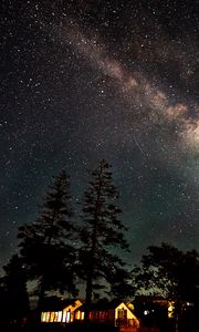 Preview wallpaper house, lights, trees, milky way, night