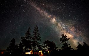 Preview wallpaper house, lights, trees, milky way, night