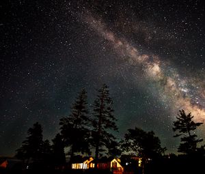 Preview wallpaper house, lights, trees, milky way, night