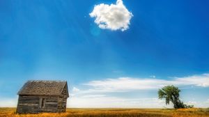 Preview wallpaper house, log hut, cloud, tree, sky, patches of light