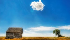 Preview wallpaper house, log hut, cloud, tree, sky, patches of light