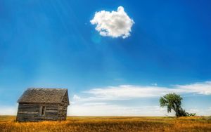 Preview wallpaper house, log hut, cloud, tree, sky, patches of light