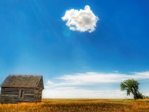 Preview wallpaper house, log hut, cloud, tree, sky, patches of light