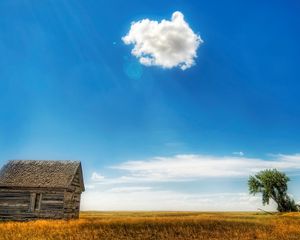 Preview wallpaper house, log hut, cloud, tree, sky, patches of light