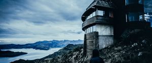 Preview wallpaper house, man, hood, alone, solitude, mountains, christchurch, new zealand