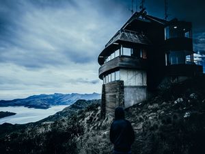 Preview wallpaper house, man, hood, alone, solitude, mountains, christchurch, new zealand