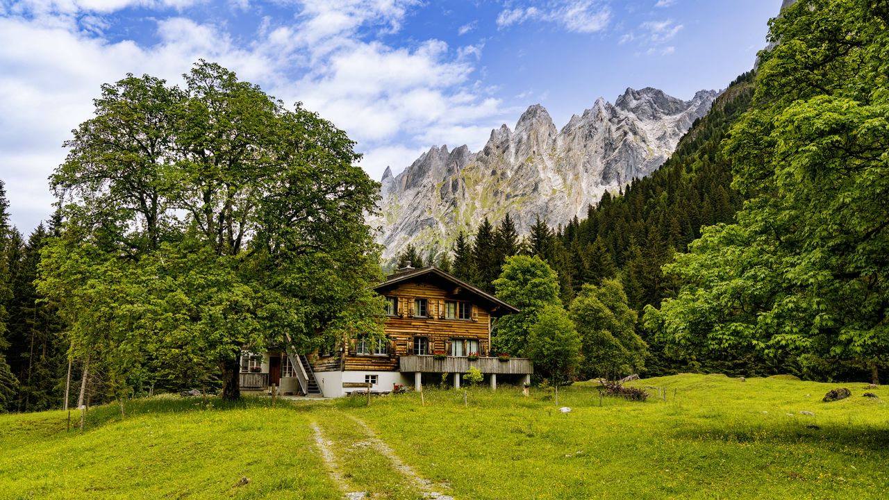 Wallpaper house, meadow, mountains, trees, sky, landscape