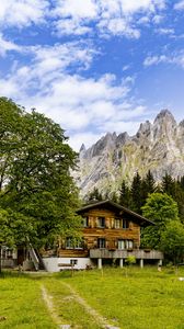 Preview wallpaper house, meadow, mountains, trees, sky, landscape