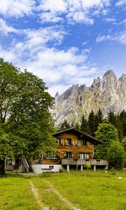 Preview wallpaper house, meadow, mountains, trees, sky, landscape