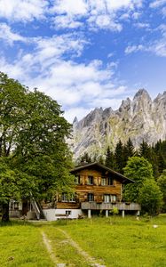Preview wallpaper house, meadow, mountains, trees, sky, landscape