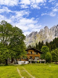 Preview wallpaper house, meadow, mountains, trees, sky, landscape