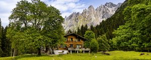 Preview wallpaper house, meadow, mountains, trees, sky, landscape