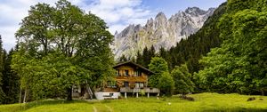 Preview wallpaper house, meadow, mountains, trees, sky, landscape