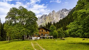 Preview wallpaper house, meadow, mountains, trees, sky, landscape