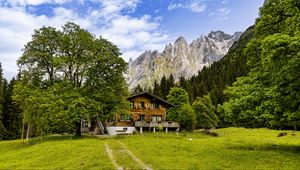 Preview wallpaper house, meadow, mountains, trees, sky, landscape