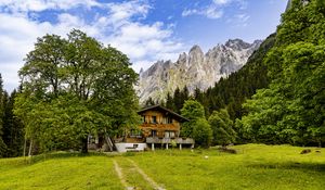 Preview wallpaper house, meadow, mountains, trees, sky, landscape